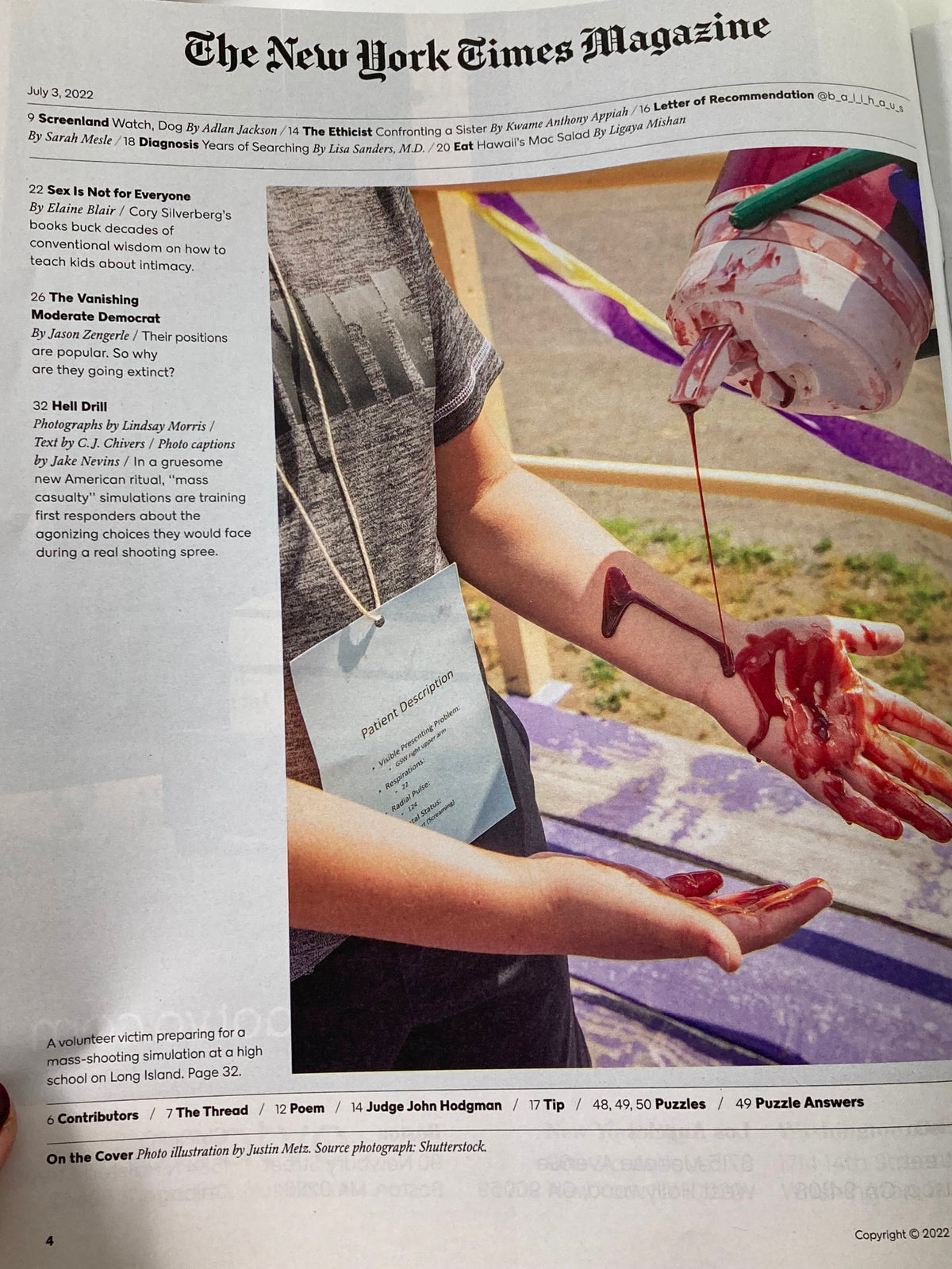 Inside page of The New York Times Magazine July 3, 2022, showcasing the article 'The Vanishing Moderate Democrat' amidst other content, illustrating the complex landscape of American politics.