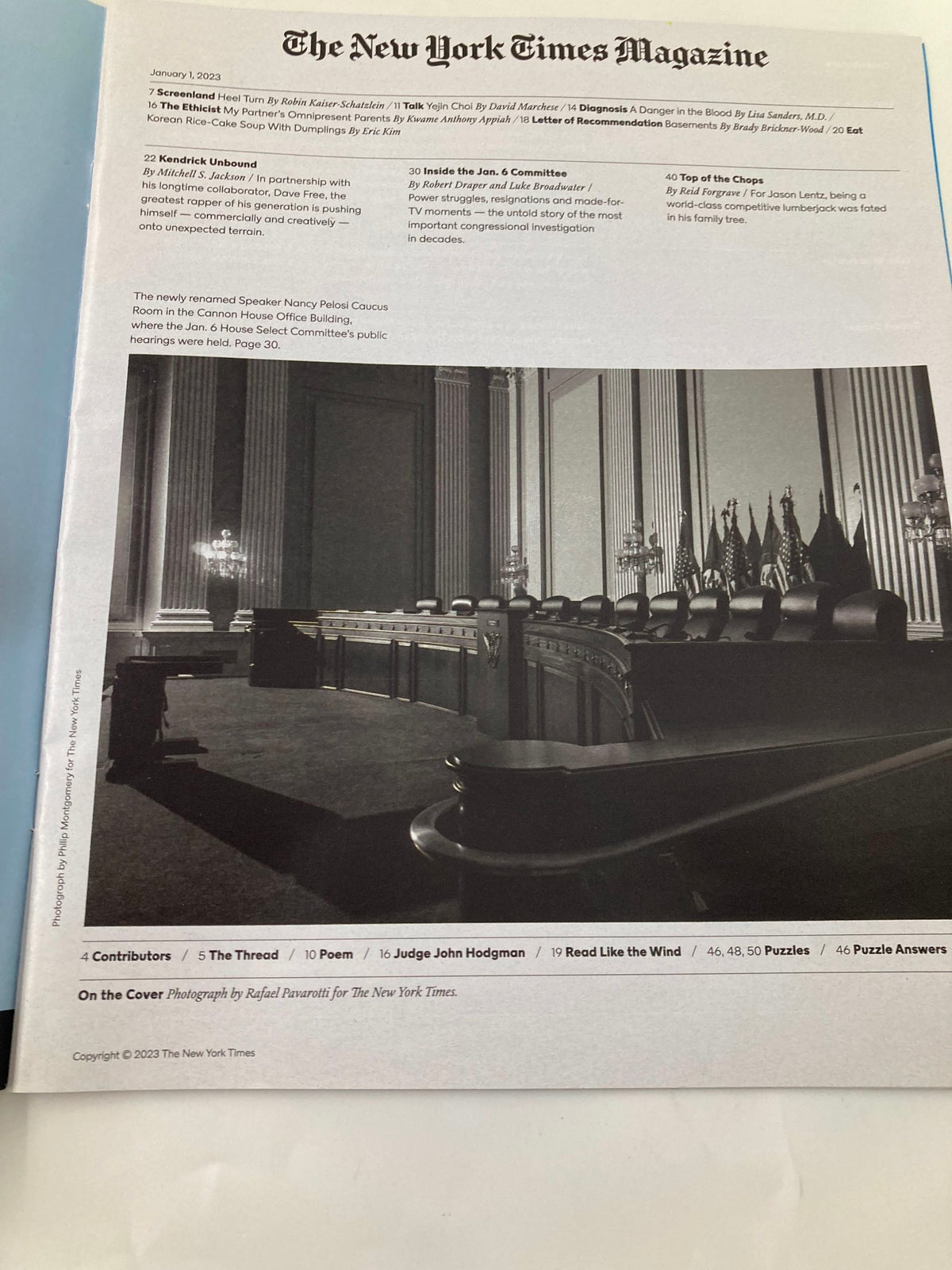 Inside page of The New York Times Magazine January 1 2023, featuring a layout highlighting contributors and sections of the magazine, including the article 'Kendrick Unbound'.