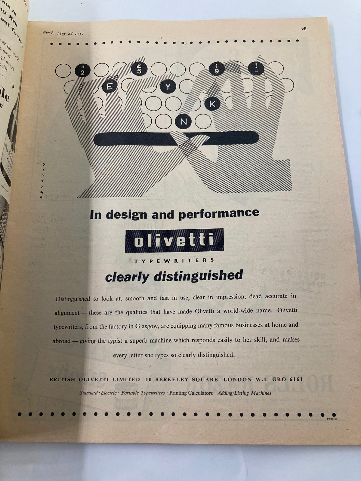 Interior page of VTG Punch Magazine from May 26, 1952, showcasing an advertisement for Olivetti typewriters with a graphic design featuring hands on a keyboard.