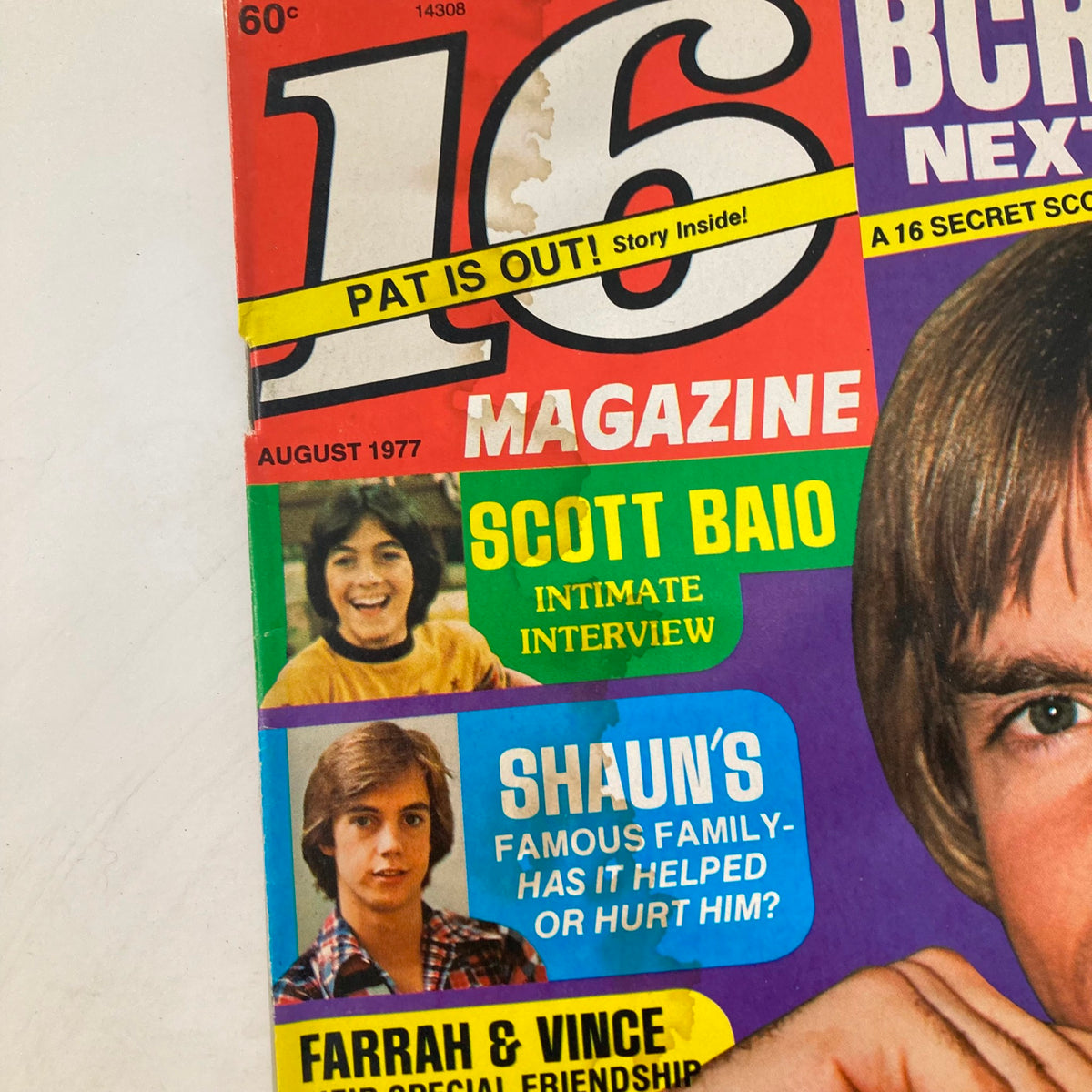 Cover of the August 1977 issue of 16 Magazine featuring highlights such as Scott Baio's interview and images of Shaun Cassidy, Bay City Rollers, and Kiss. Perfect for collectors and fans of retro music culture.