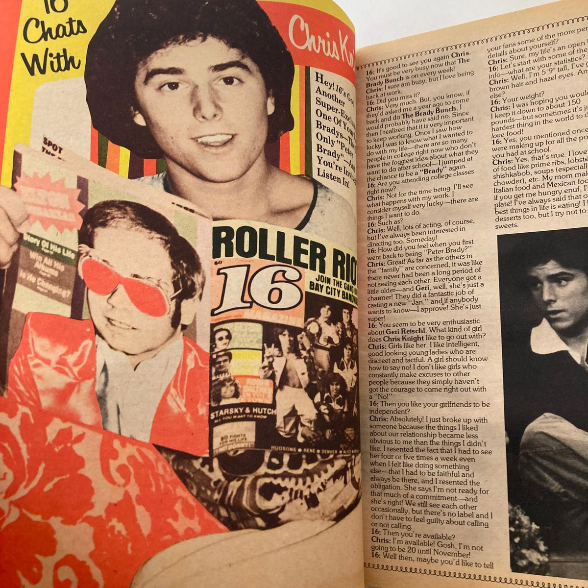 Article page from August 1977 issue of 16 Magazine featuring Chris Knight discussing his experiences, surrounded by retro visuals of iconic figures from the 70s music scene.
