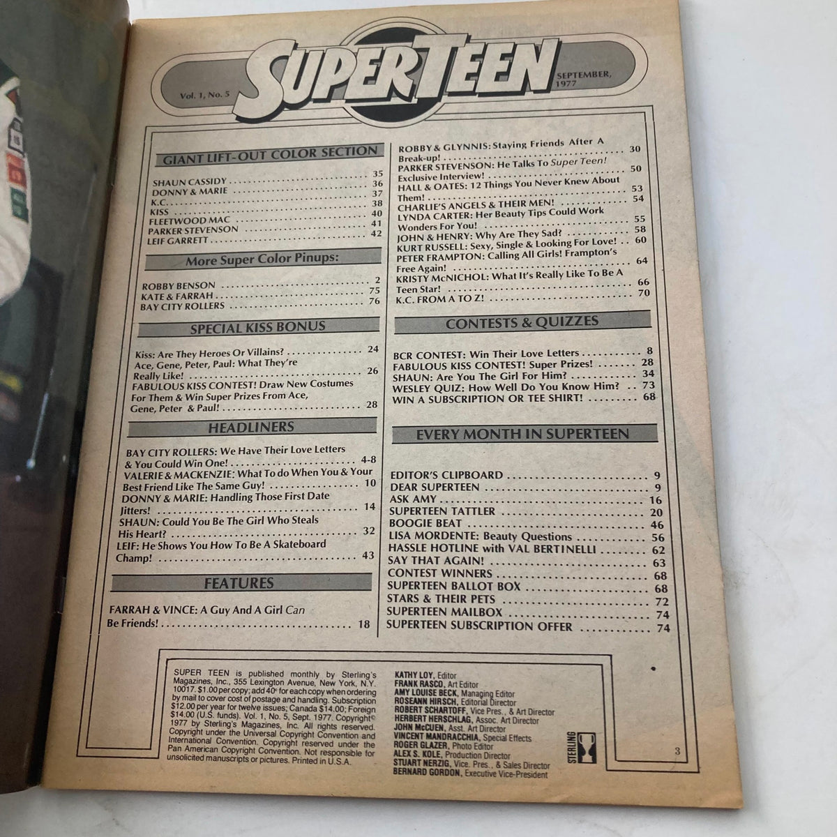 Inside page of Super Teen Magazine September 1977 Vol. 1 No. 5 displaying the table of contents with features on Kiss, Shaun Cassidy, and Bay City Rollers.