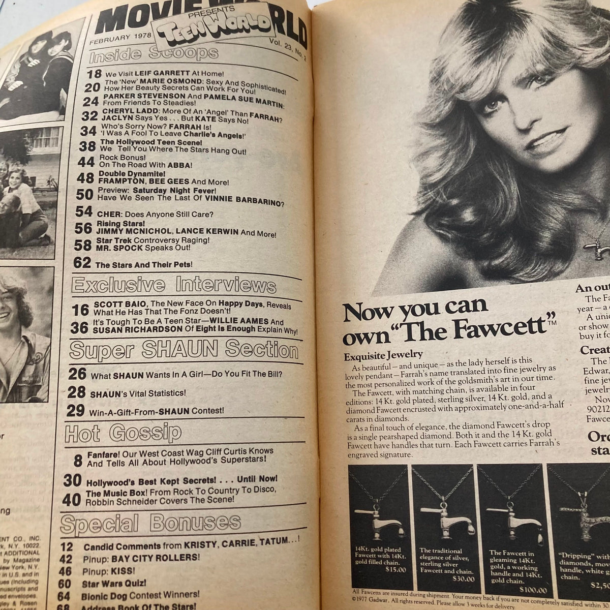 Inside pages of Movie World Presents Teen World February 1978 magazine, featuring exclusive interviews, articles, and highlights from teen pop culture, including the Super Shaun Section.