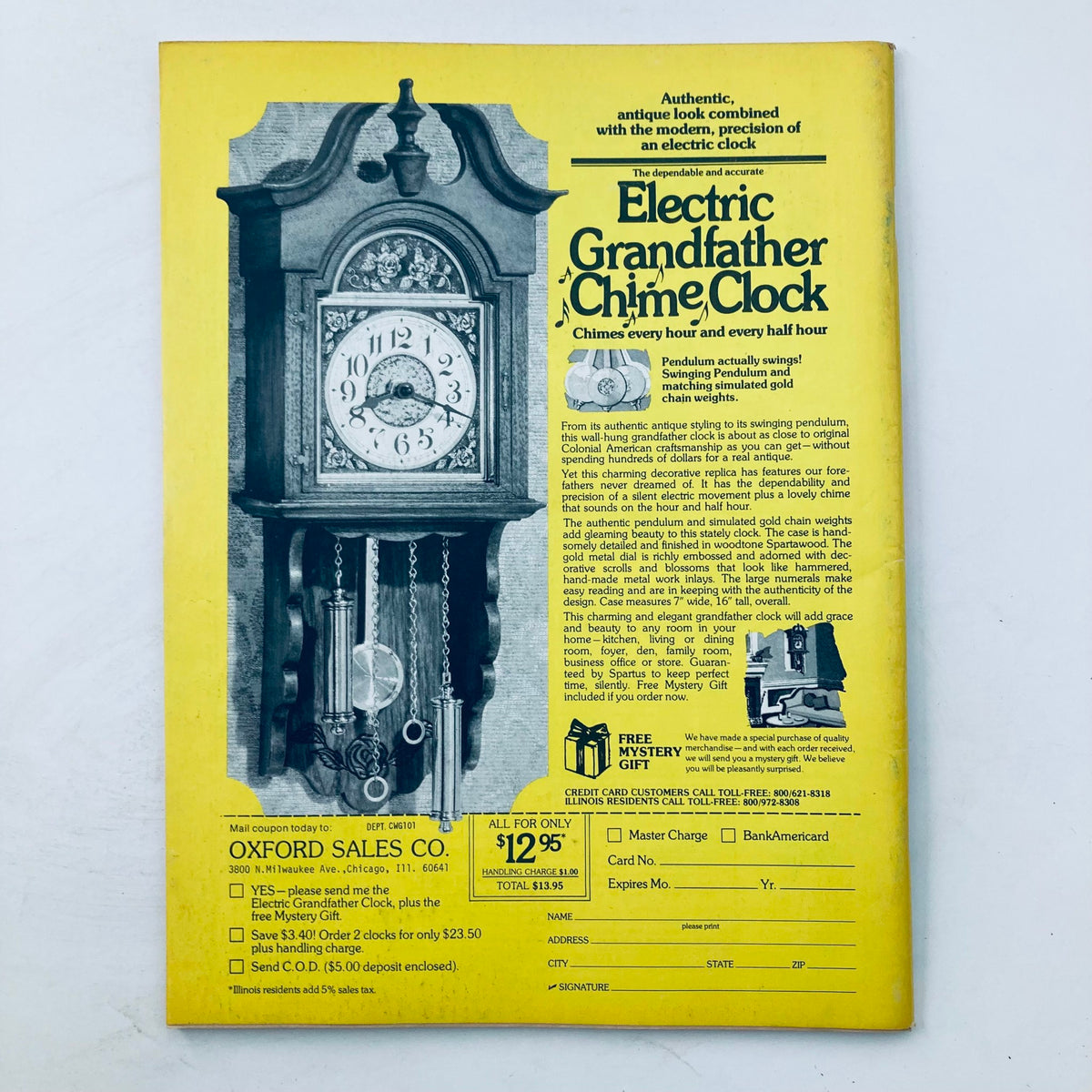 Back cover of the Movie World Presents Teen World February 1978 magazine displaying an advertisement for an Electric Grandfather Chime Clock, emphasizing vintage design and collectible value.