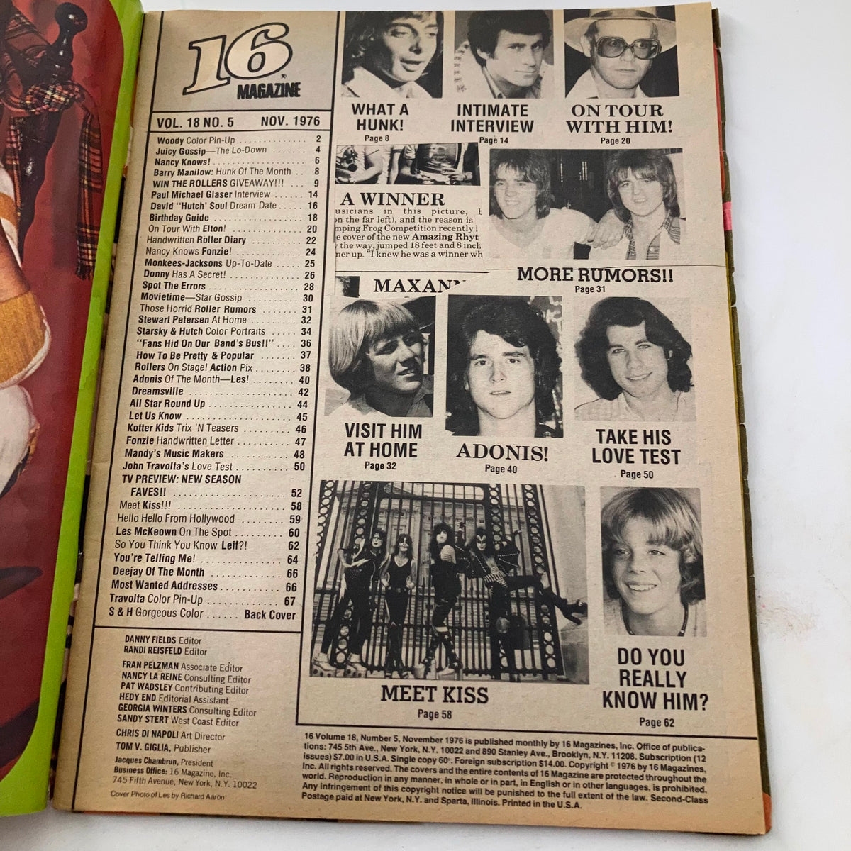 Inside page of VTG 16 Magazine November 1976 displaying the table of contents and features including Starsky, Fonzie, and Kiss.