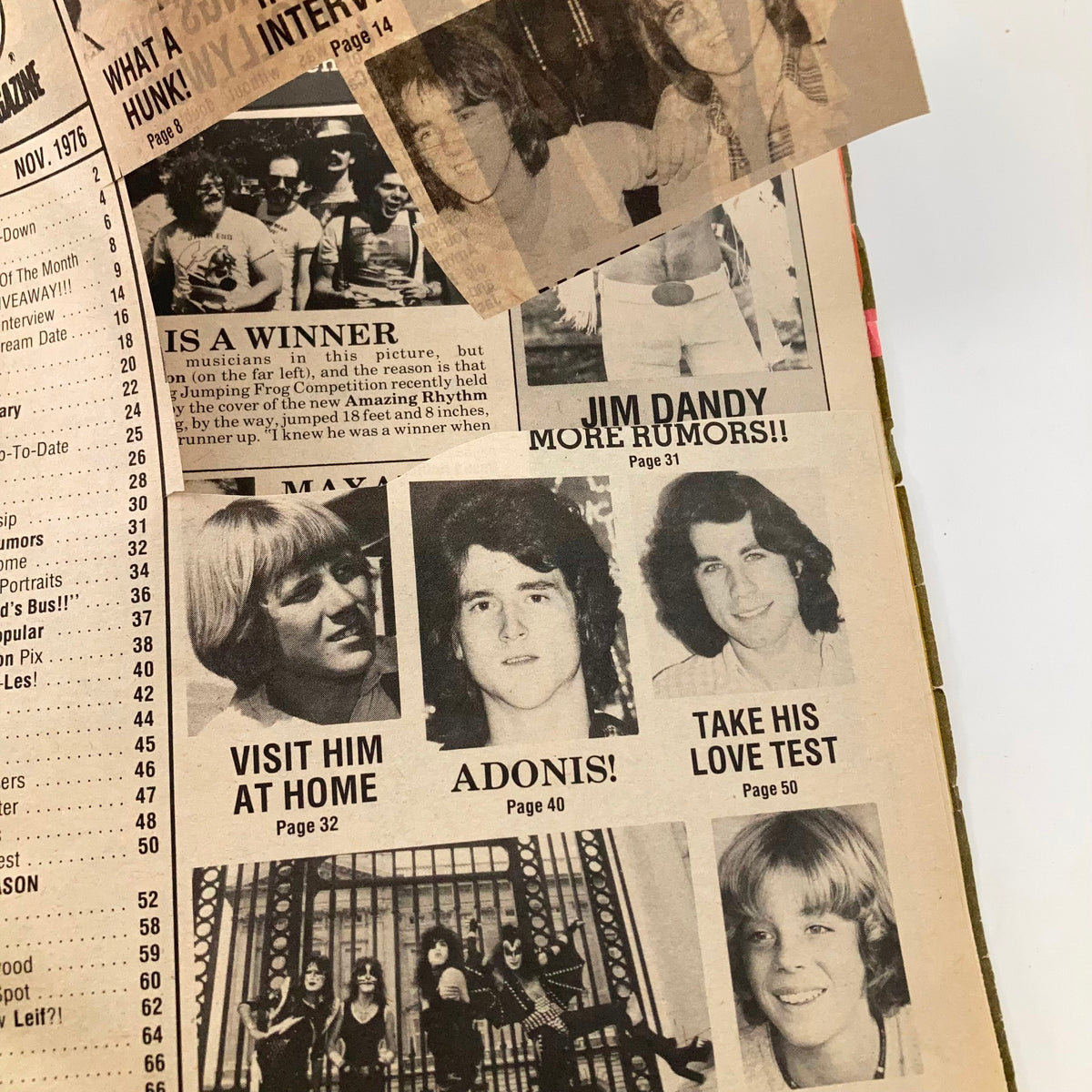 Close-up of an inside page from VTG 16 Magazine November 1976 showing interviews and features with popular stars like Adonis and visit with Kiss.