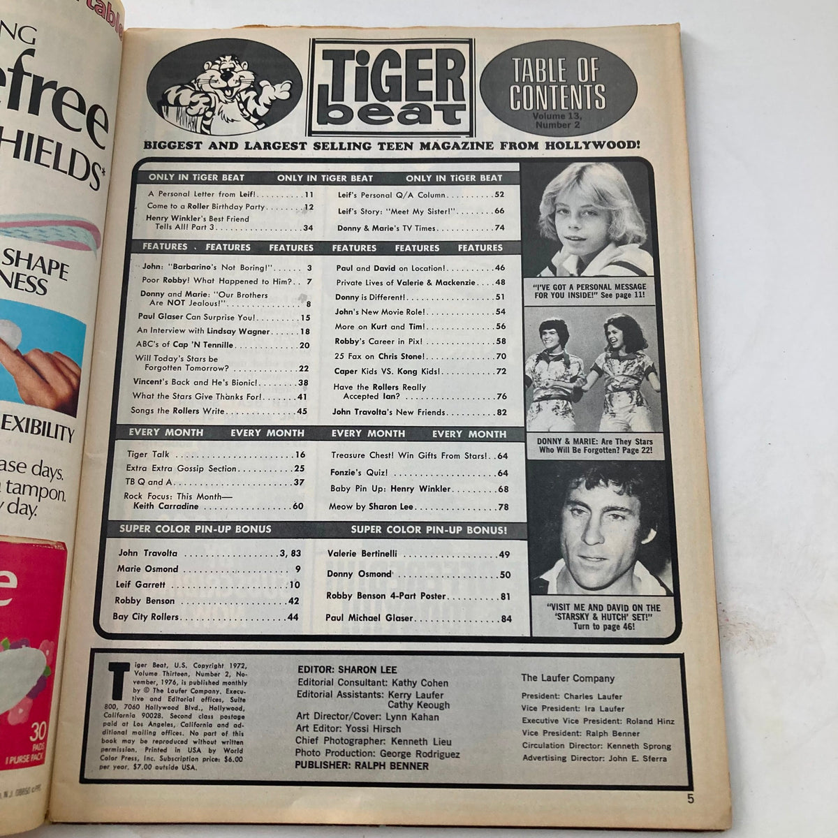Inside page of the VTG Tiger Beat Magazine November 1976 featuring the table of contents, showcasing articles on Donny & Marie Osmond, and including various celebrity features.