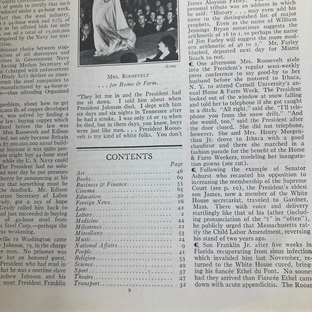 Contents page of Vintage Time Magazine from March 1, 1937, highlighting articles including Mrs. Roosevelt and other significant topics, Volume 29, Number 9.