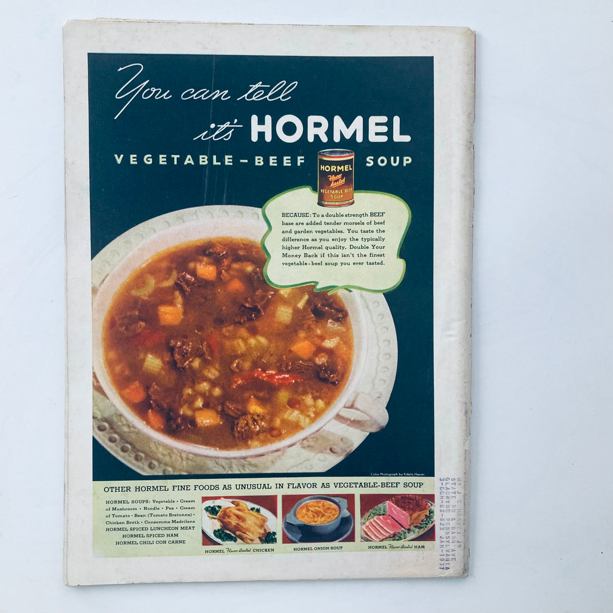 Advertisement for Hormel Vegetable-Beef Soup featured on the back cover of VTG Time Magazine March 29 1937, illustrating vintage food marketing.