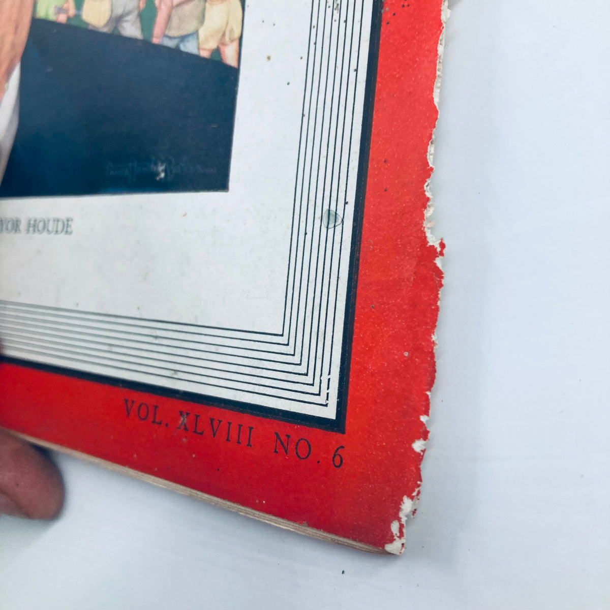 Close-up view of the worn edge of VTG Time Magazine August 5 1946 Vol 48 No. 6 featuring Montreal's Mayor Camillien Houde, showcasing the magazine's vintage condition.