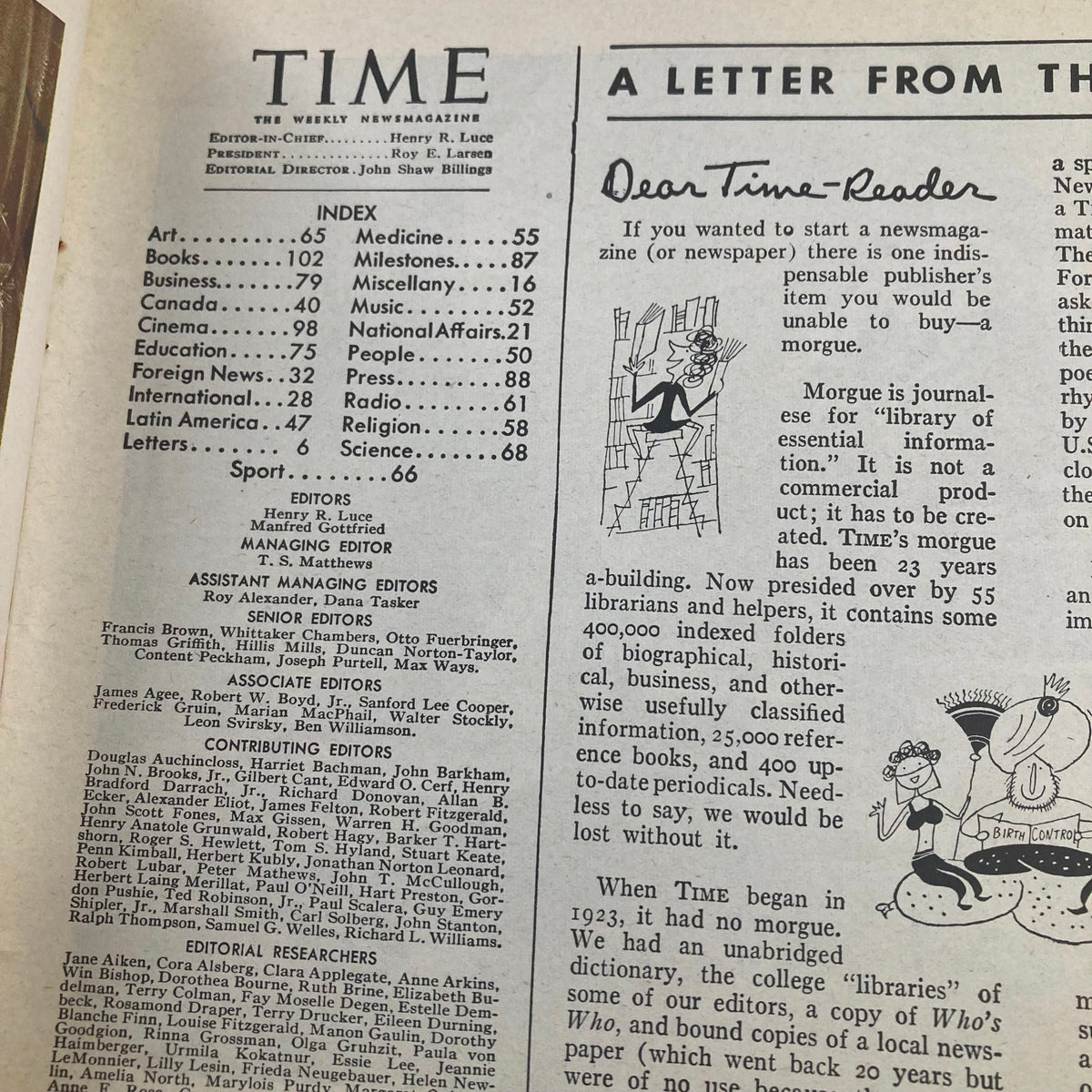 Interior page of VTG Time Magazine August 5 1946 Vol 48 No. 6 displaying the editorial index, capturing the essence of the magazine's coverage during post-war America.