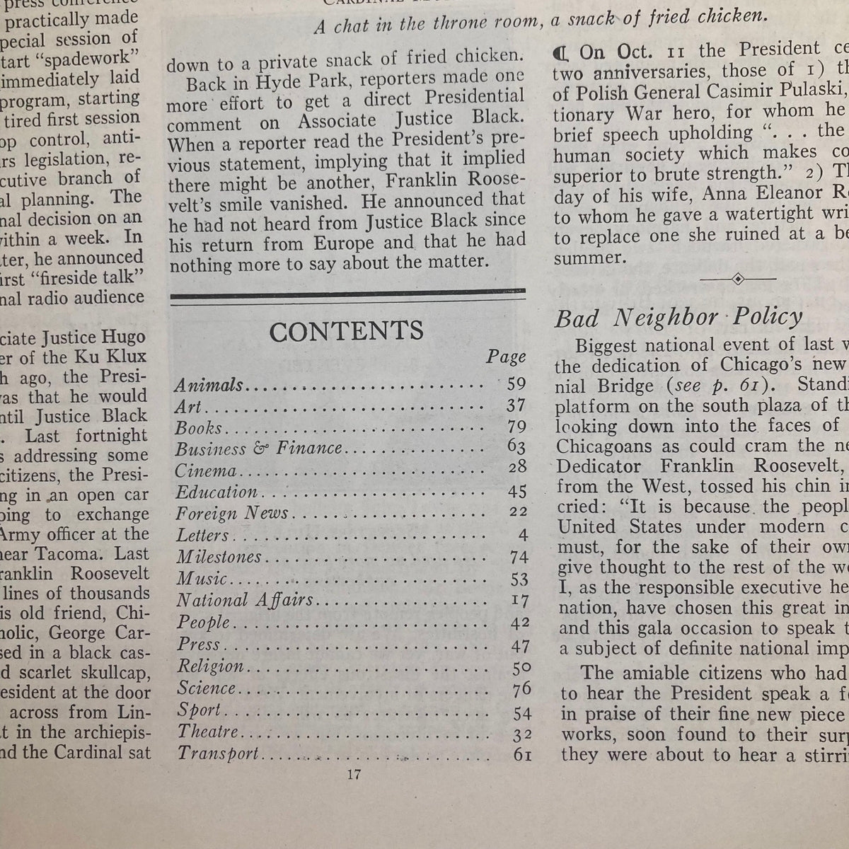 Interior page of VTG Time Magazine October 18 1937 showing the table of contents with various article sections including 'National Affairs', 'Art', and 'Sport'.