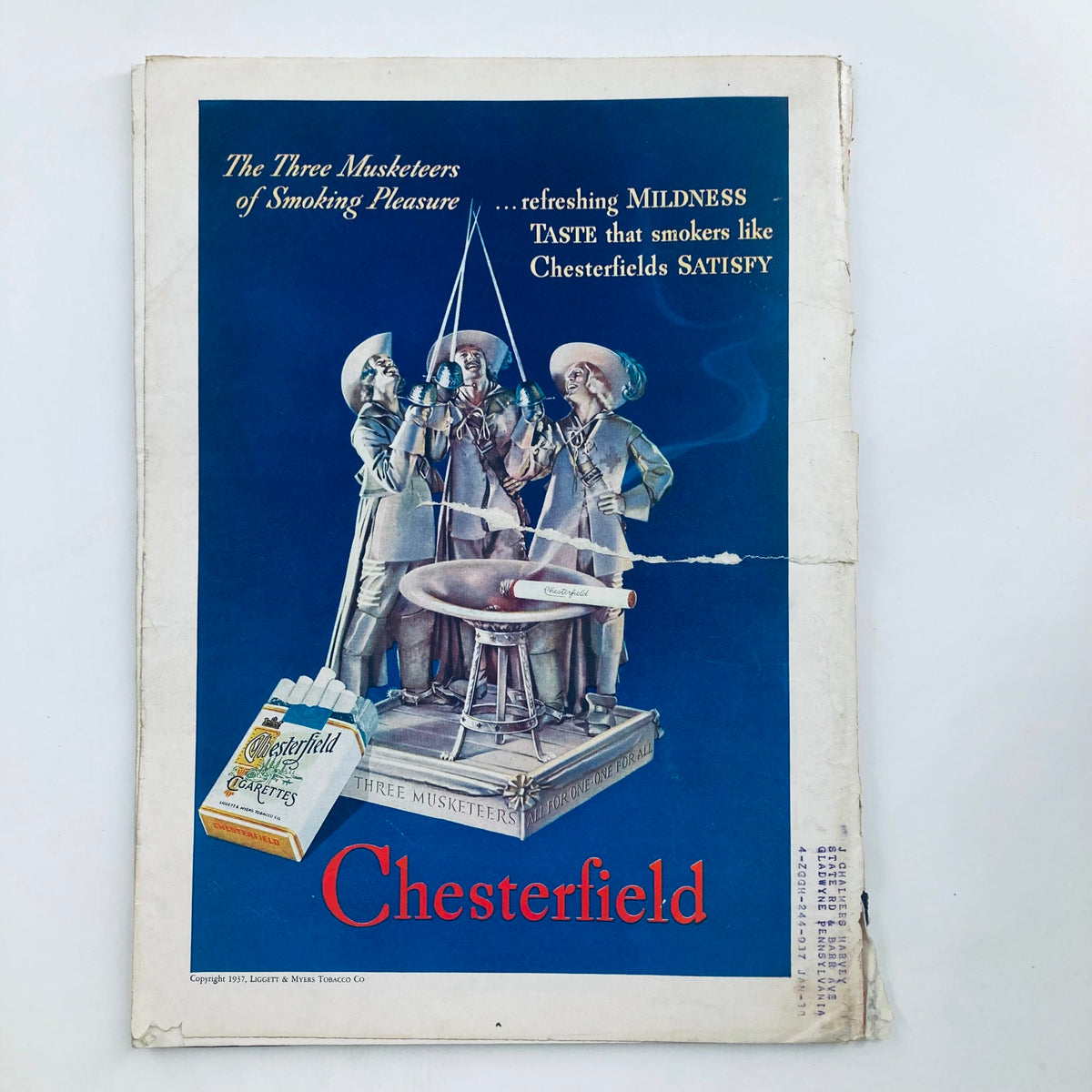 Back cover advertisement of VTG Time Magazine October 18 1937 promoting Chesterfield cigarettes featuring the image of the Three Musketeers.