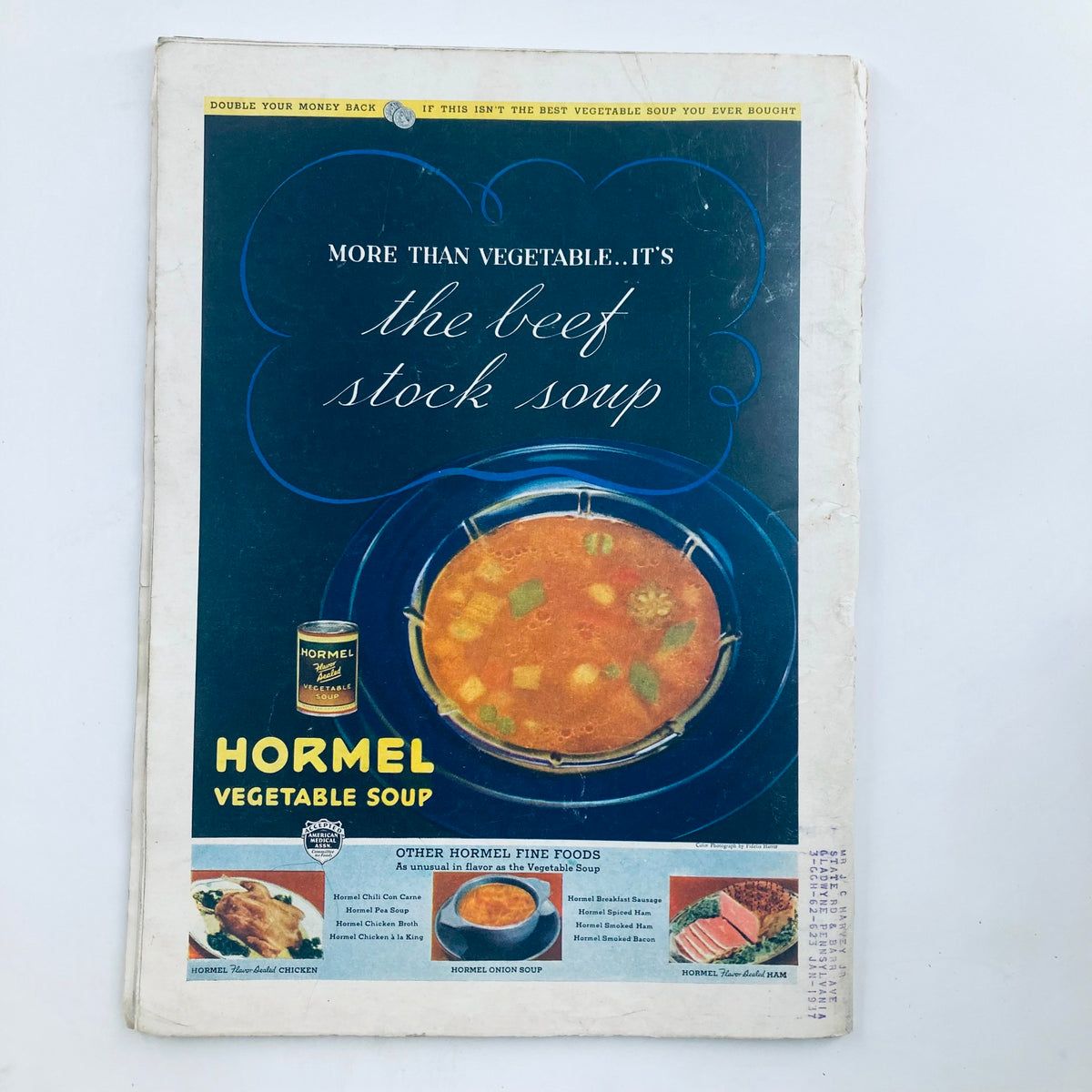 Back cover of VTG Time Magazine March 2, 1936 showcasing an advertisement for Hormel Vegetable Soup, featuring a bowl of soup and product information.