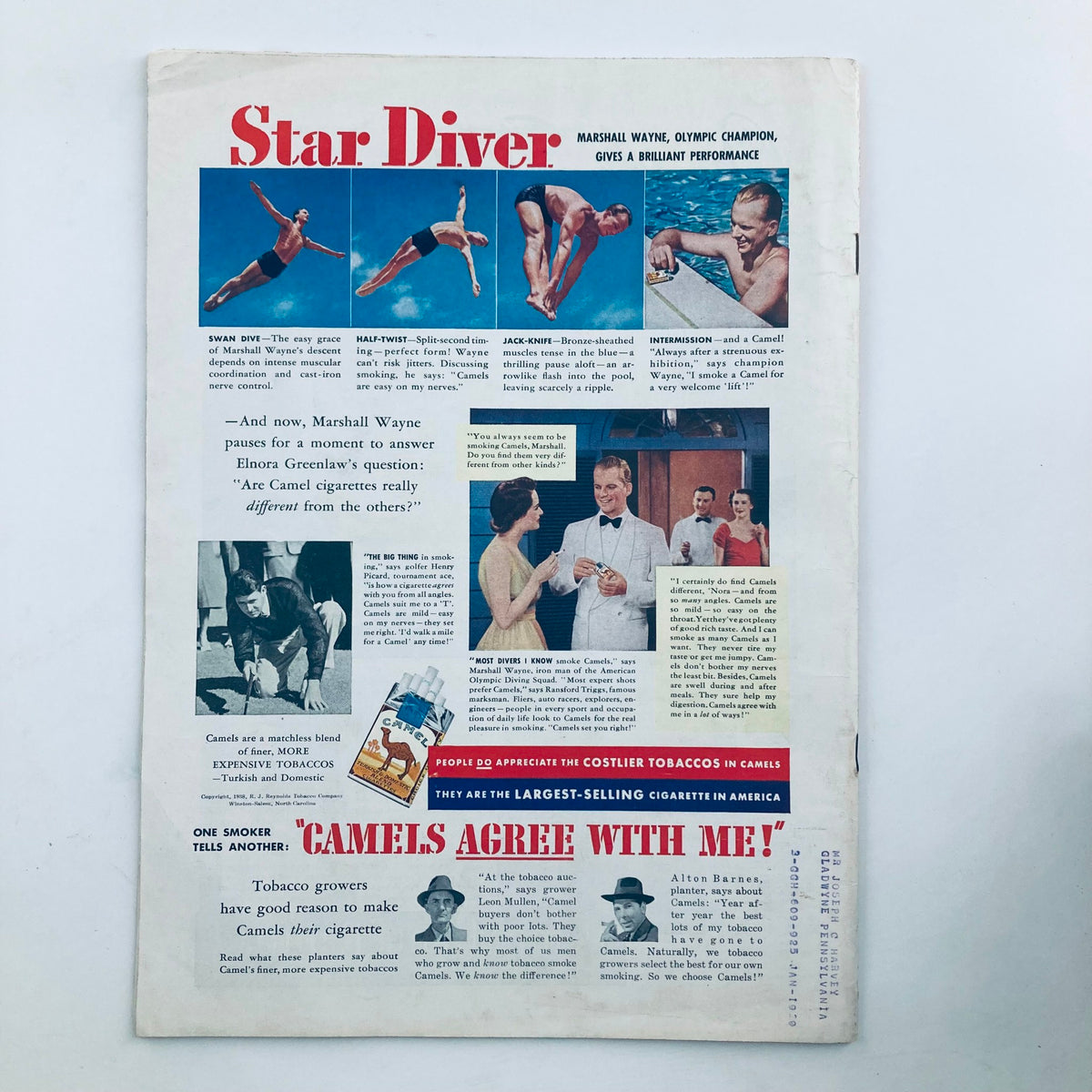 Back cover of VTG Time Magazine August 1, 1938 featuring an advertisement for Camel cigarettes with images of Olympic diver Marshall Wayne.