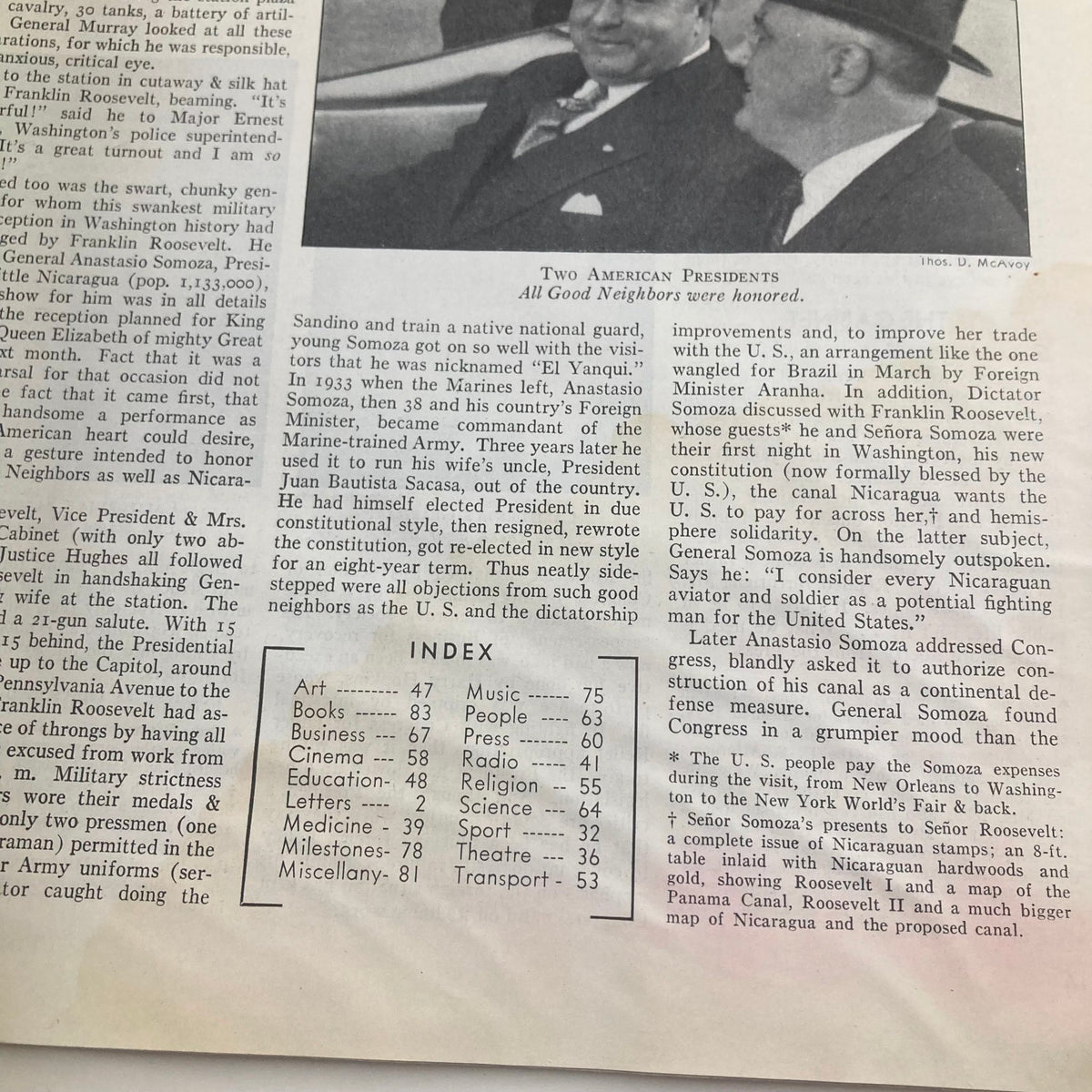 Inside page of VTG Time Magazine May 15, 1939, including an article index and a feature on Two American Presidents, highlighting historical context and editorials.