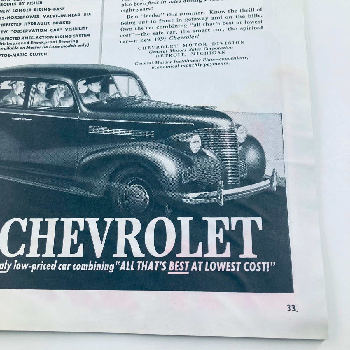 Advertisement page from VTG Time Magazine May 15, 1939, featuring the 1939 Chevrolet car with promotional text emphasizing quality and affordability.