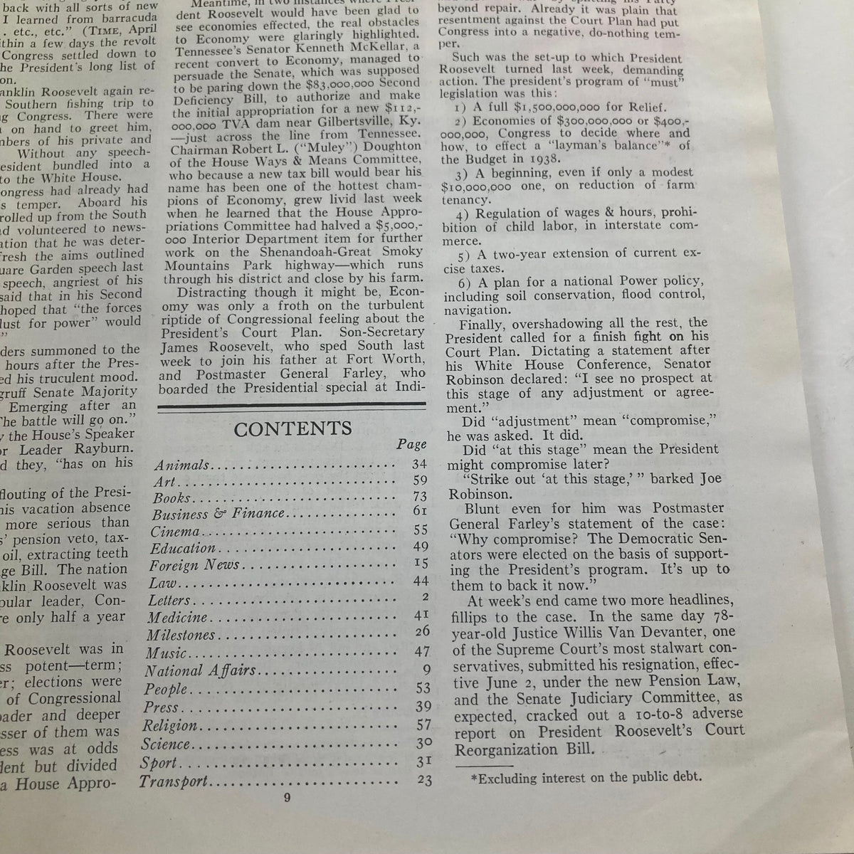 Contents page from VTG Time Magazine May 24 1937, detailing various articles and features within the magazine, highlighting its historical significance.