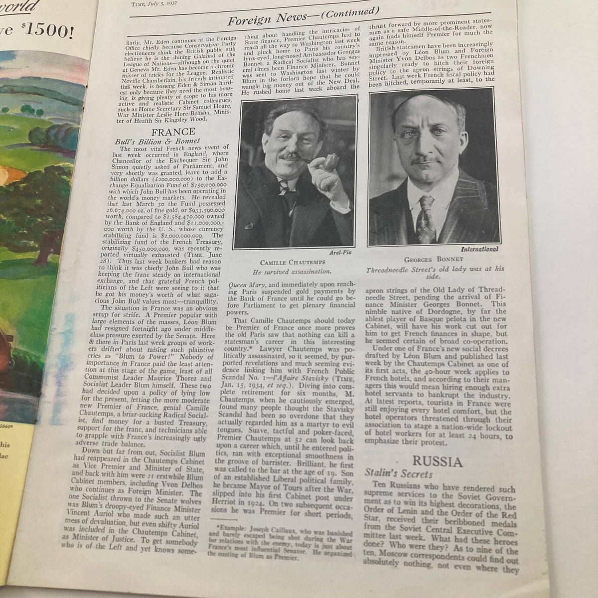 Foreign news section from VTG Time Magazine July 5, 1937, featuring discussions on European political dynamics with images of prominent figures.