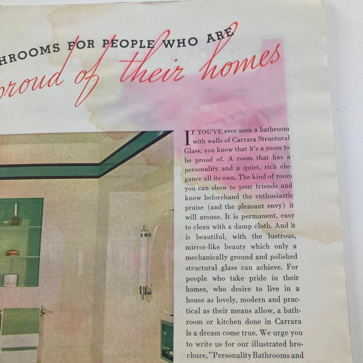 Interior page of VTG Time Magazine October 4, 1937, displaying an advertisement for Carrara Structural Glass bathrooms, highlighting elegant home design.