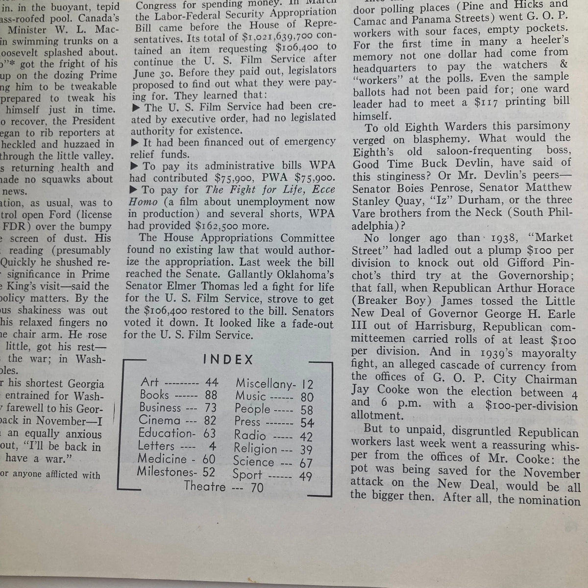 Interior page of Vintage Time Magazine from May 6, 1940, Volume 35, Number 19, displaying an article index and text showcasing historical insights.