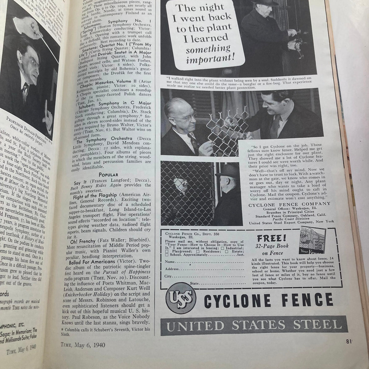 Inside page of VTG Time Magazine dated May 6, 1940, featuring advertisements and articles, showcasing historical content from Volume 35, Number 19, focusing on Joseph N. Pew Jr.