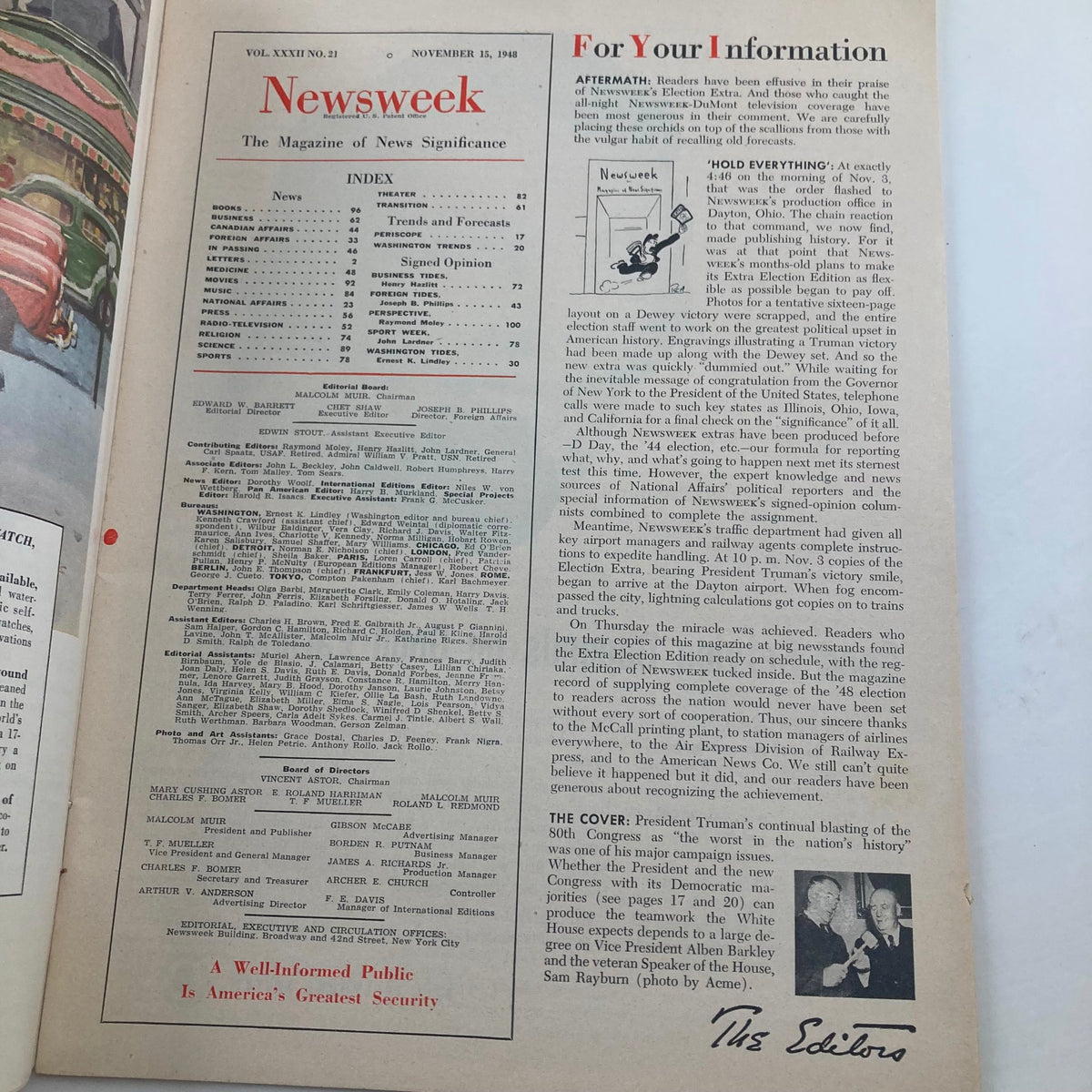 Inside page of VTG Newsweek Magazine from November 15, 1948 displaying the index and articles of the issue.