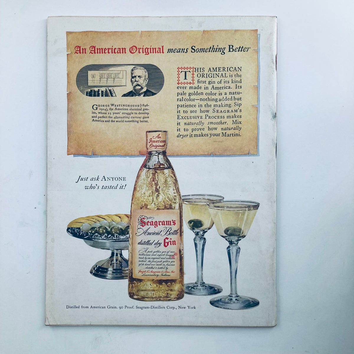 Vintage advertisement showcasing Seagram's Ancient Bottle distilled dry Gin, featuring a bottle and Martini glasses, from the VTG Newsweek Magazine November 15 1948 Alben W. Barkley & Sam Rayburn.