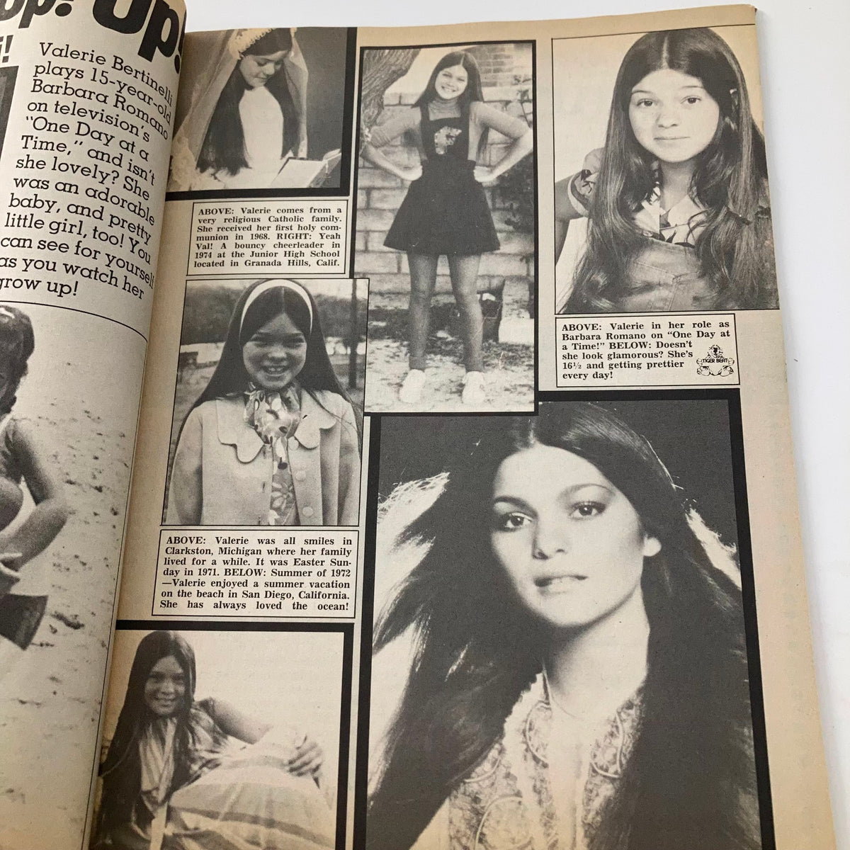 Feature page from VTG Tiger Beat Magazine January 1977 showcasing Valerie Bertinelli with images and info about her role in 'One Day at a Time'.