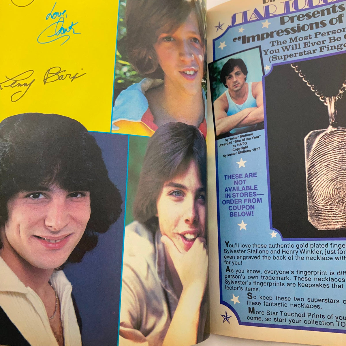 Collage of images from Tiger Beat Magazine April 1978 featuring John Travolta and Clark Brandon with illustrations of Sylvester Stallone jewelry and celebrity highlights.