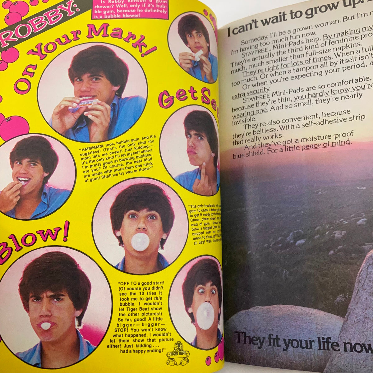 Feature on Robby from Tiger Beat Magazine April 1978 showcasing bubble gum chewing expressions with colorful graphics and playful dialogue.