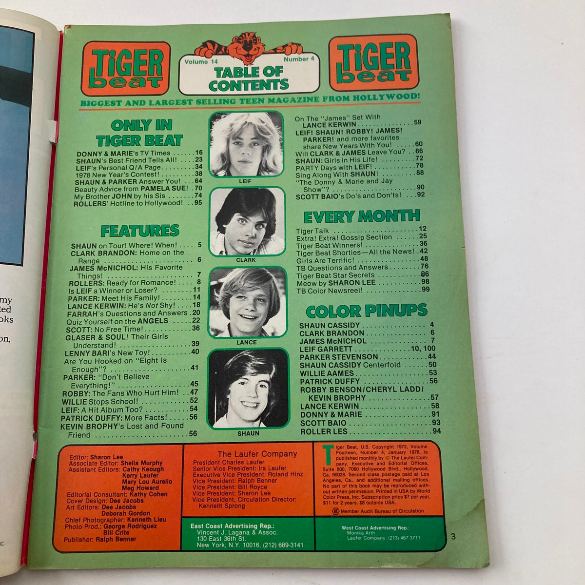 Table of contents page from Tiger Beat Magazine January 1978, listing featured articles and stars like Shaun Cassidy, Leif Garrett, and Scott Baio.