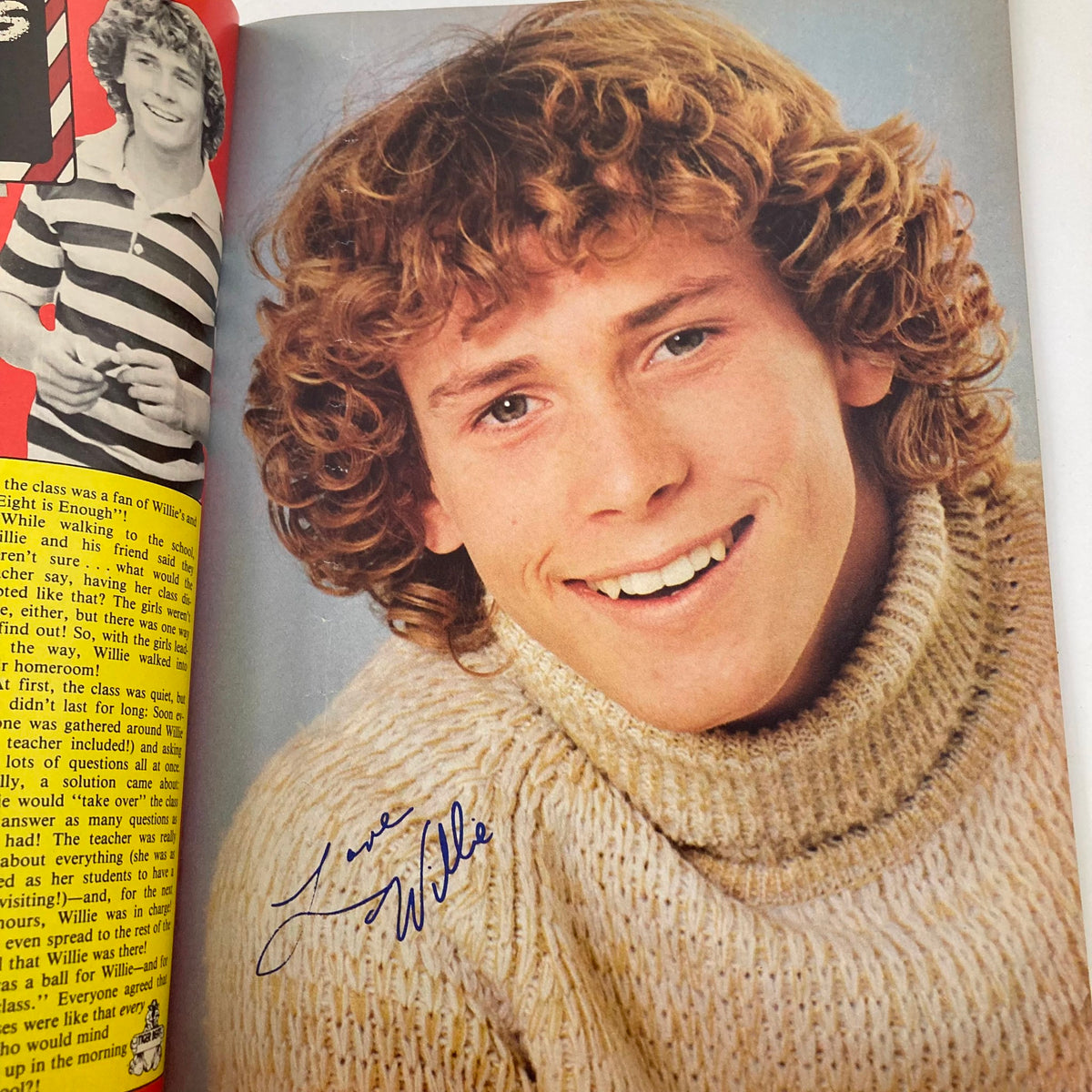 Portrait of a smiling young man with curly hair, featured in Tiger Beat Magazine January 1978, with an autograph reading 'Love, Willie'.