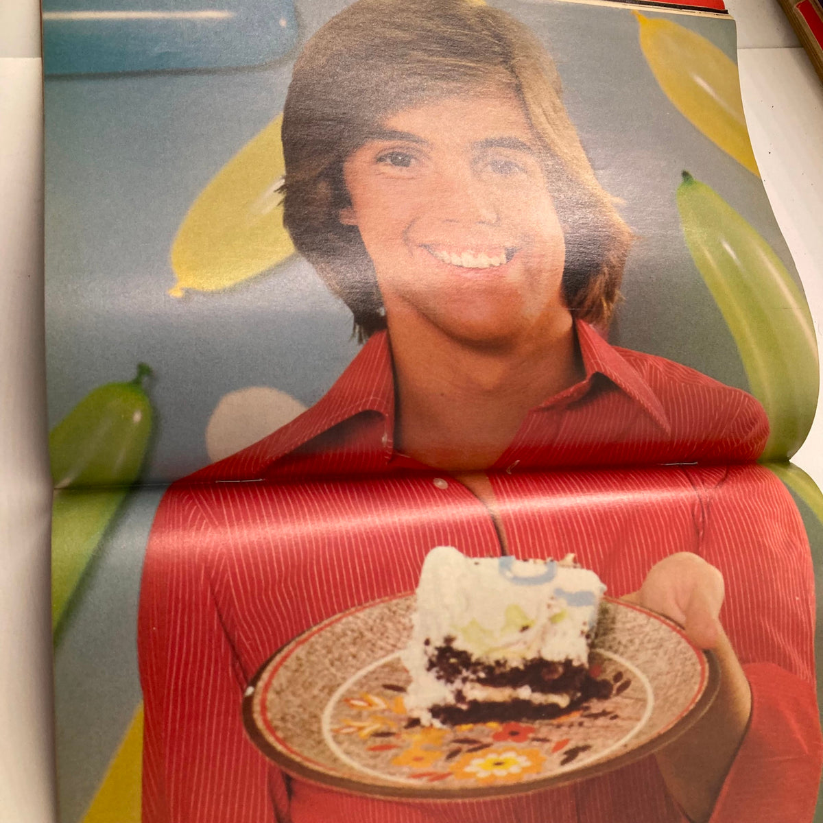 Interior image of Tiger Beat Magazine November 1977 showing a young man in a red shirt smiling while holding a cake, celebrating a birthday party theme.