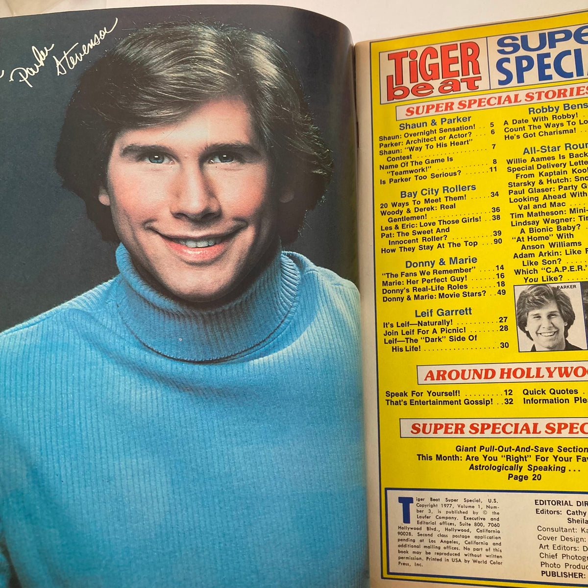 Portrait of Shaun Cassidy from Tiger Beat Super Special 1977 #3, wearing a blue turtleneck, showcasing his signature.