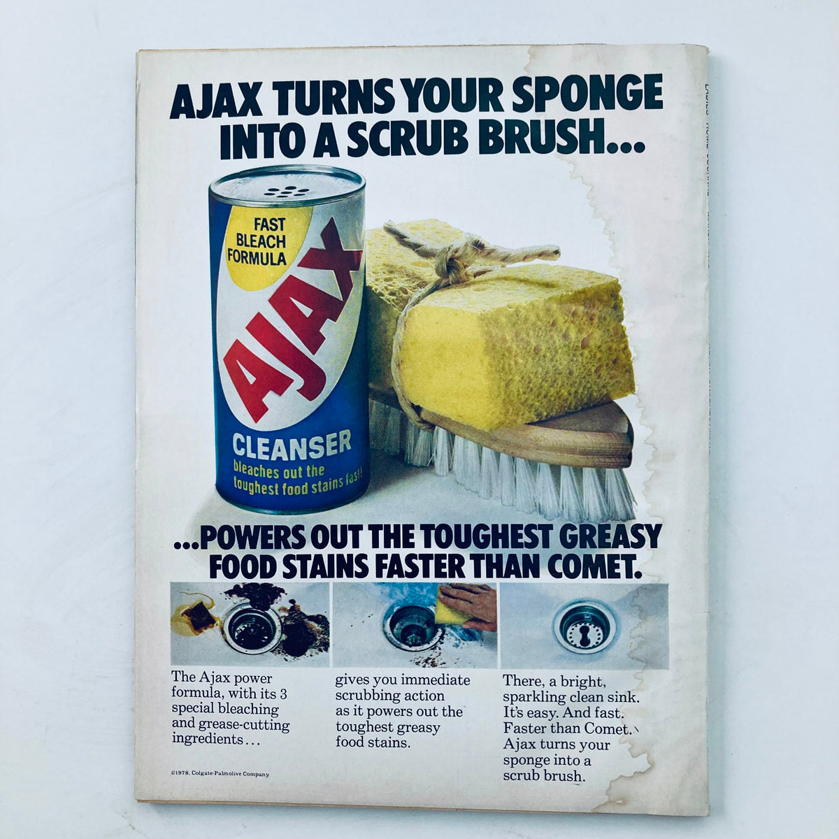 Vintage advertisement for AJAX cleanser in the VTG Ladies' Home Journal Magazine March 1978 Jane Pauley Cover No Label, highlighting its cleaning power.
