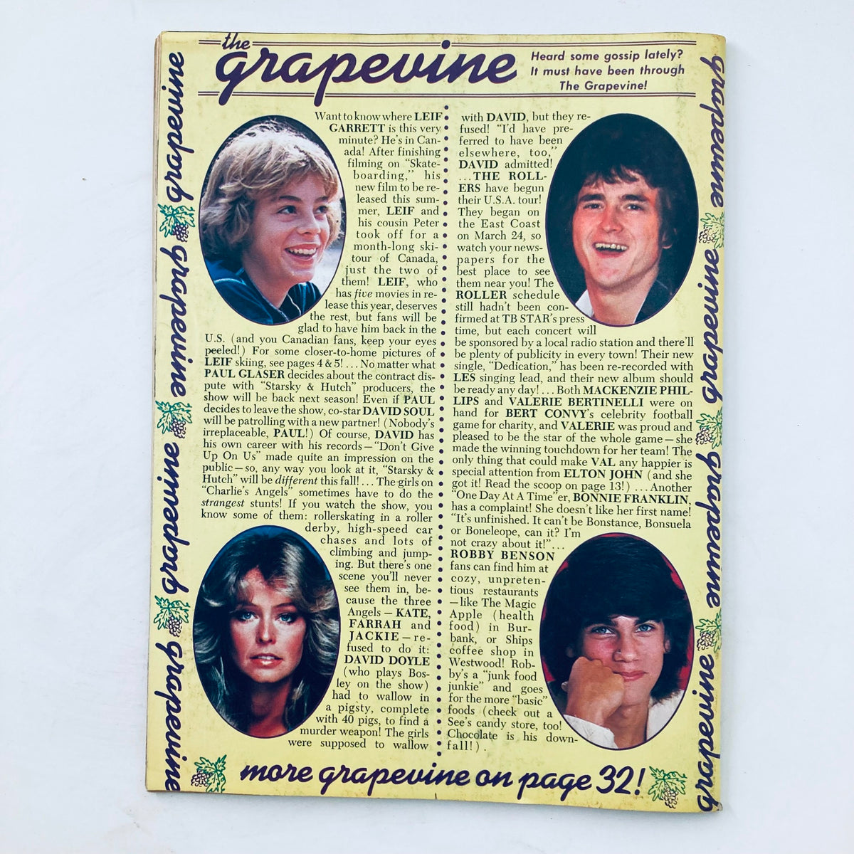 The Grapevine section from Tiger Beat Star Magazine May 1977, showcasing gossip and news about various pop culture figures including Leif Garrett.