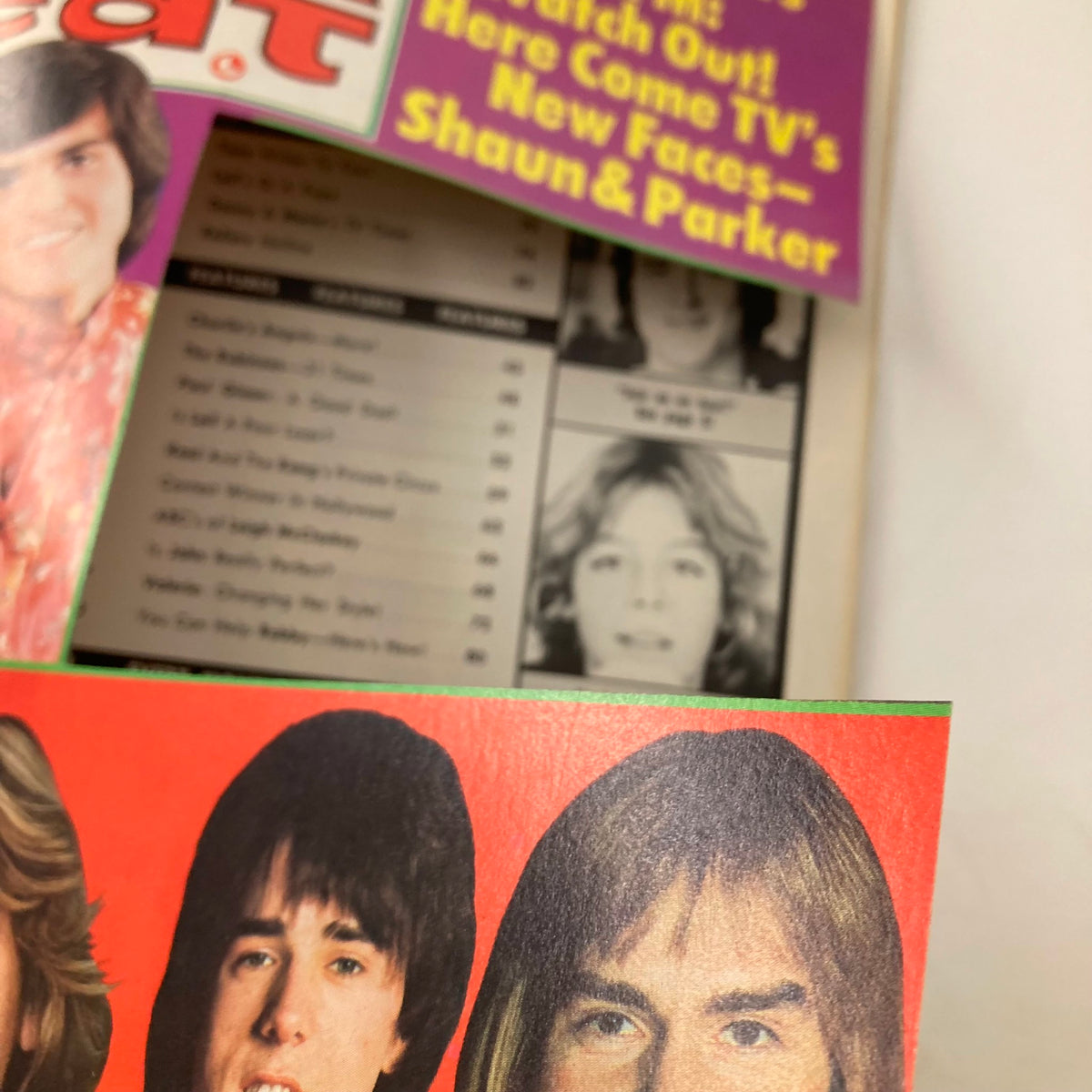 Close-up view of the Tiger Beat Magazine March 1977 cover, highlighting the featured celebrities Shaun Cassidy and Parker.