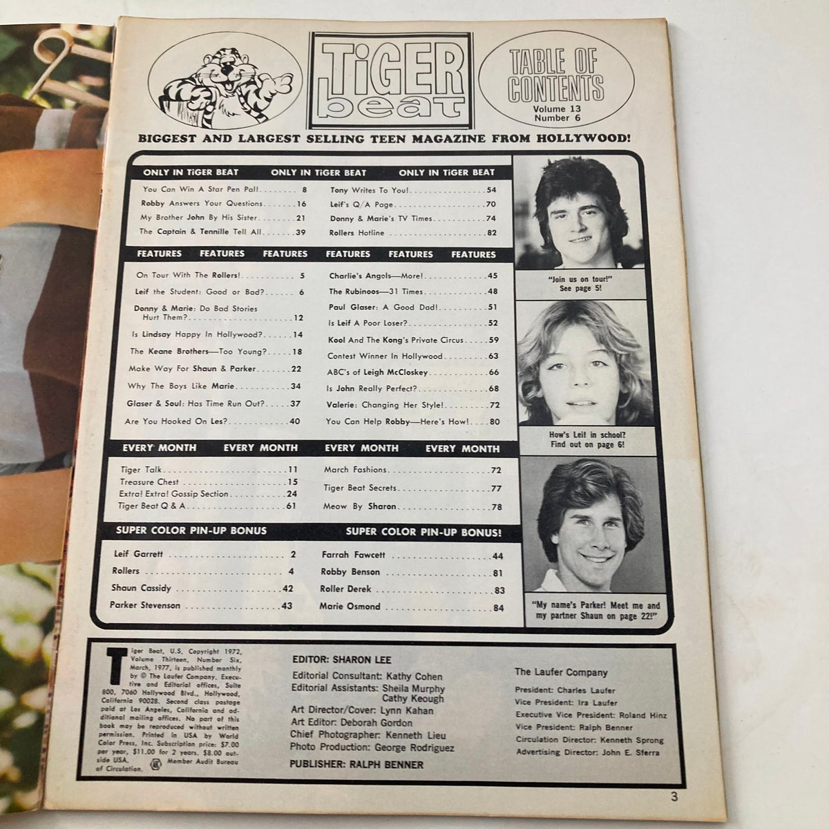 Table of contents page from Tiger Beat Magazine March 1977, showcasing feature articles and iconic stars of the 70s music scene.