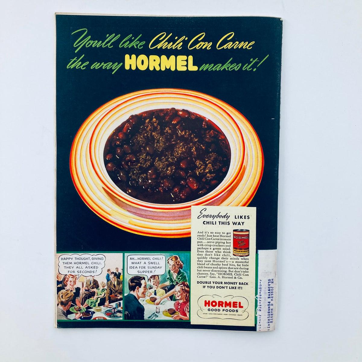 Vintage advertisement for Hormel Chili Con Carne on the back cover of a magazine, highlighting its appeal and serving suggestion.