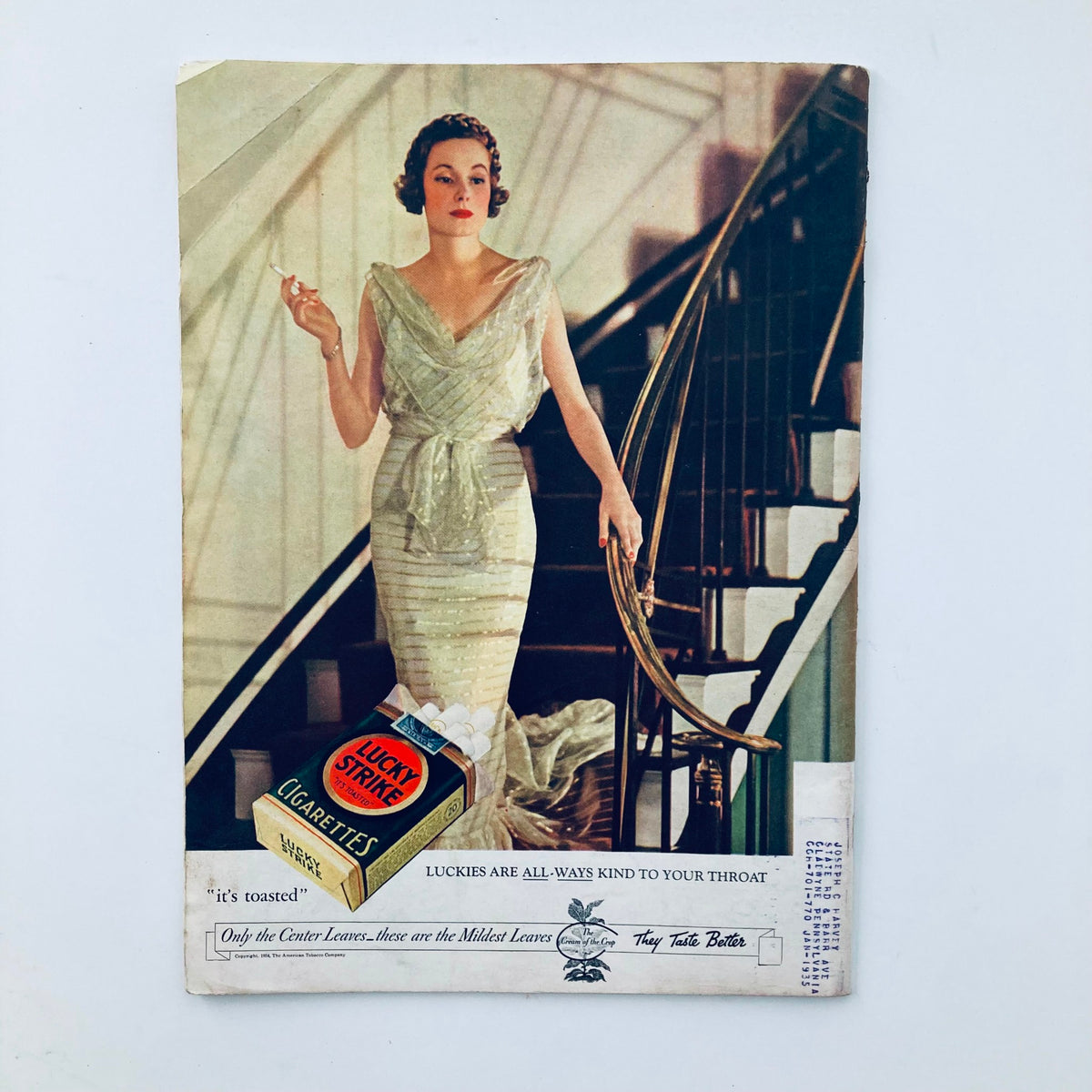 VTG Time Magazine July 16 1934 advertisement featuring a glamorous woman in elegant attire promoting Lucky Strike cigarettes, reflecting 1930s fashion trends.