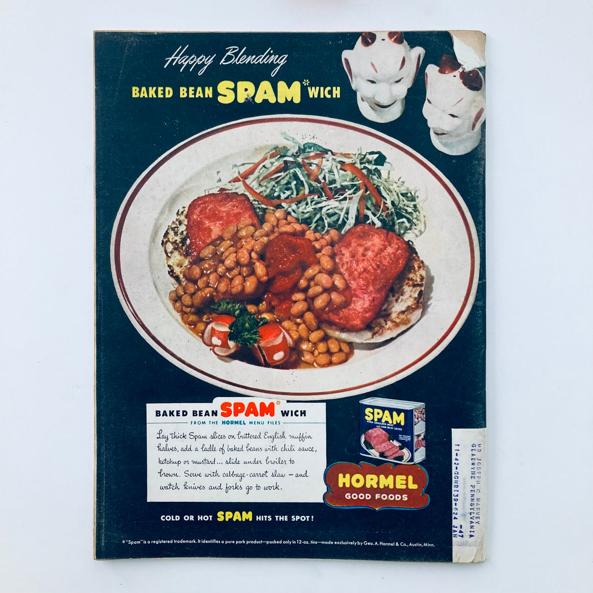 Advertisment for Baked Bean SPAM'wich in the VTG Time Magazine May 13 1946 showcasing a dish featuring SPAM and baked beans.