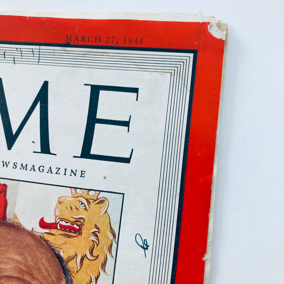Detail of the vintage Time Magazine from March 27, 1944, highlighting the publication date and logo, with the cover featuring diplomat Jan Masaryk of Czechoslovakia.