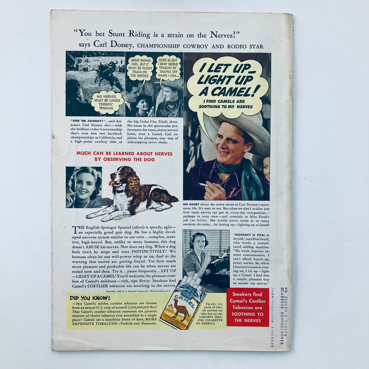 Back cover of Time Magazine January 16, 1939, displaying advertisements and illustrated content related to Camel cigarettes and health, reflecting the advertising style of the era.