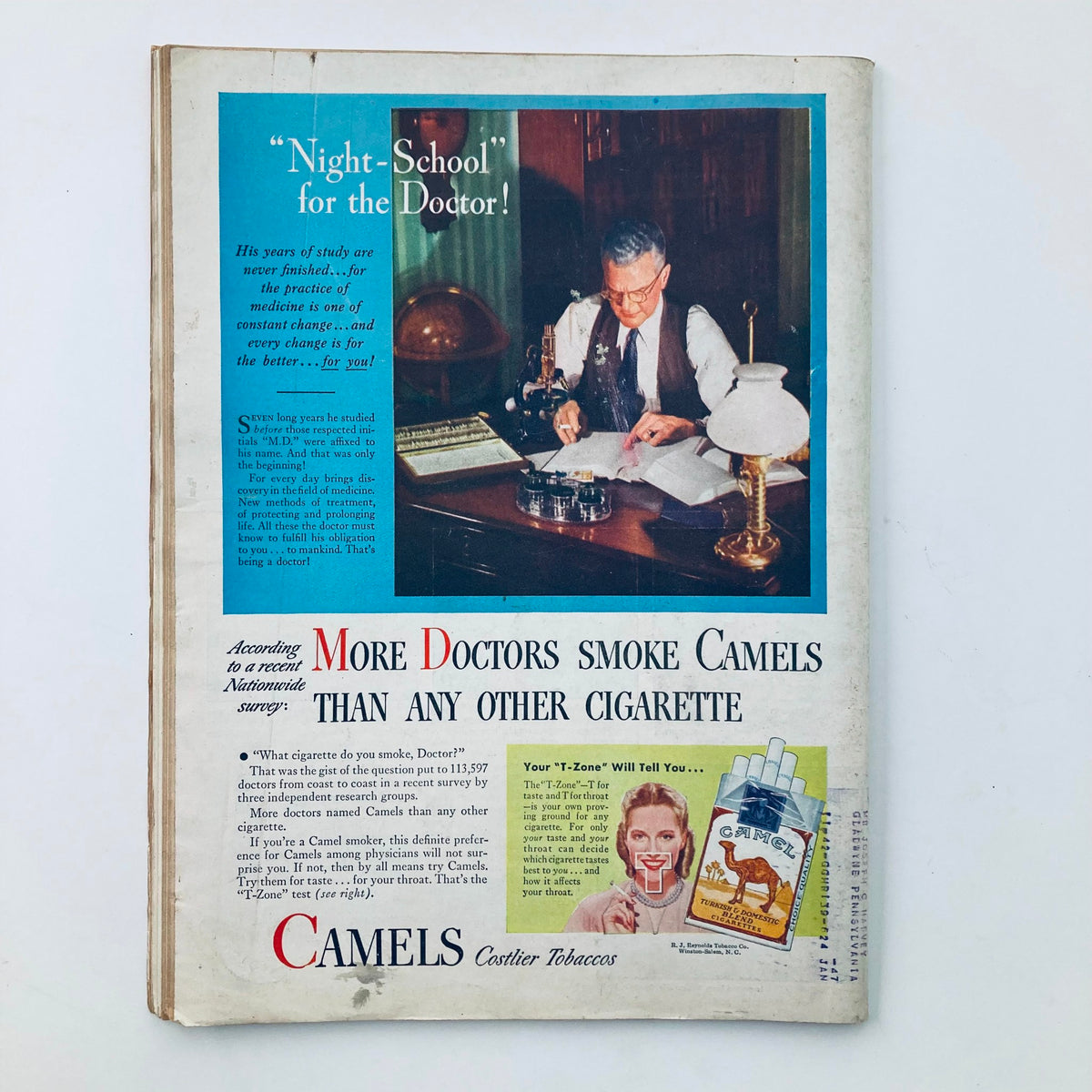 Back cover of Vintage Time Magazine July 29, 1946, advertising Camel cigarettes, featuring a doctor in his study and details about doctors' smoking preferences.