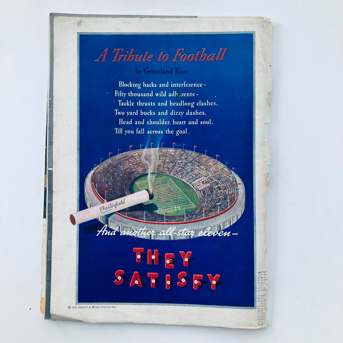 Vintage Time Magazine cover from November 16, 1936, featuring the article 'A Tribute to Football' by Grantland Rice, showcasing a vibrant football stadium illustration and bold typography with a unique cigarette advertising. The magazine is Vol 28, No. 20, highlighting Big Tony Grzebyk.