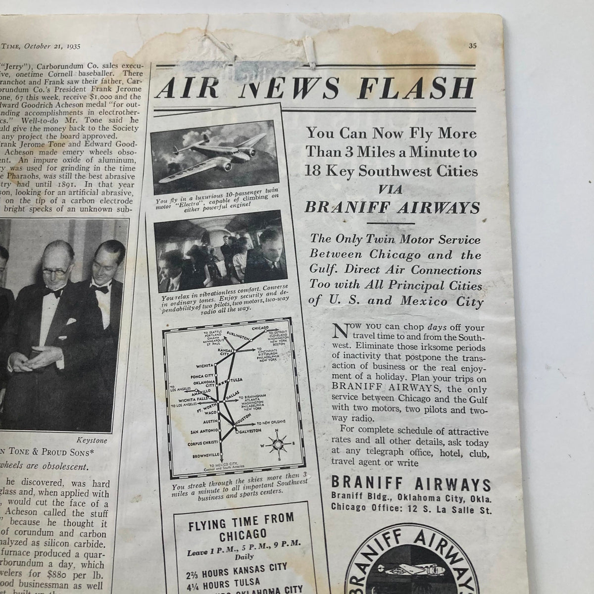 Inside page of the vintage Time Magazine from October 21, 1935, featuring an advertisement for Braniff Airways, showcasing air travel options of the era.