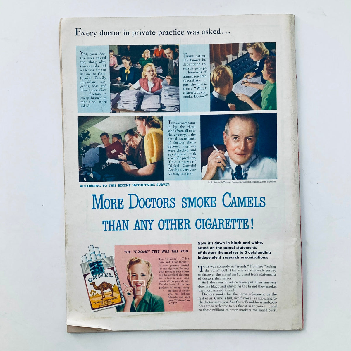 Back cover of VTG Time Magazine January 7 1946 Vol 47 No. 1 featuring an advertisement promoting Camel cigarettes with various doctors and a striking blue headline.