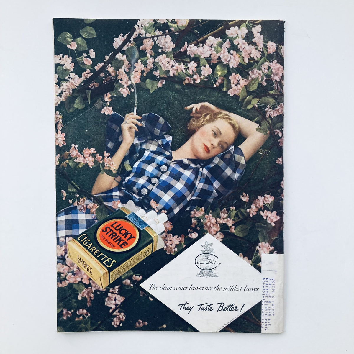Vintage Time Magazine cover from August 13, 1934 featuring MME Elsa Schiaparelli, showcasing a fashionable woman in a blue checkered dress surrounded by pink flowers and a Lucky Strike cigarette pack. Ideal for collectors and fashion enthusiasts.