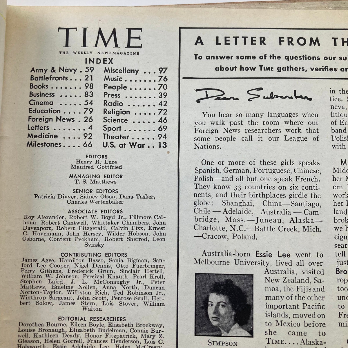 Index page of VTG Time Magazine June 28 1943, Volume 41, Number 26, displaying article topics and contributing editors.